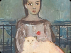 Olio su tela
attribuito a Kees van Dongen 
La ragazzina e il suo gatto sornione 
stanno sul davanzale che guarda la Francia
