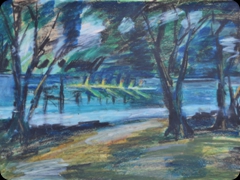 Pastello su carta
Ernst Ludwig Kirchner 
Il padre dell’espressionismo tedesco coglie
il rapido passaggio di una canoa tra gli alberi

