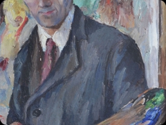 Olio su cartone
Oskar Kokoschka 
La mano stringe il pennello accanto alla tavolozza,
mentre il cavallo e il fantino appaiono dentro un altro quadro
