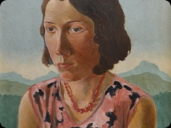 Olio su cartone
scuola italiana del novecento
Il dimesso aspetto della signora non toglie grazia al dipinto,
tra le decorazioni della veste e le pallide montagne sullo sfondo
