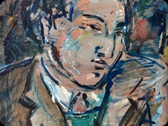 Olio su cartone
Scuola italiana o francese del primo novecento
Serio nelle lettere, misterioso nell’attribuzione, 
il giovane senza tempo resta vagamente immobile
