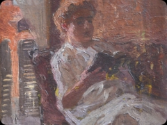 Olio su tela
Scuola francese del novecento
All’interno di una tranquilla stanza il sole al tramonto si posa 
sulle pagine di un libro letto nella calma della sera

