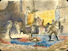 Acquerello e china su carta
Scuola francese del primo ottocento
Maschere in scena, disegnate in modo esatto
e fantastico, tra Colombine, Pierrot e altri teatranti
