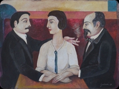 Olio su tavola
Tullio Garbari 
Un ménage à trois si svolge tra i tavoli di una brasserie,
con languidi sottintesi e fumo di sigaretta
